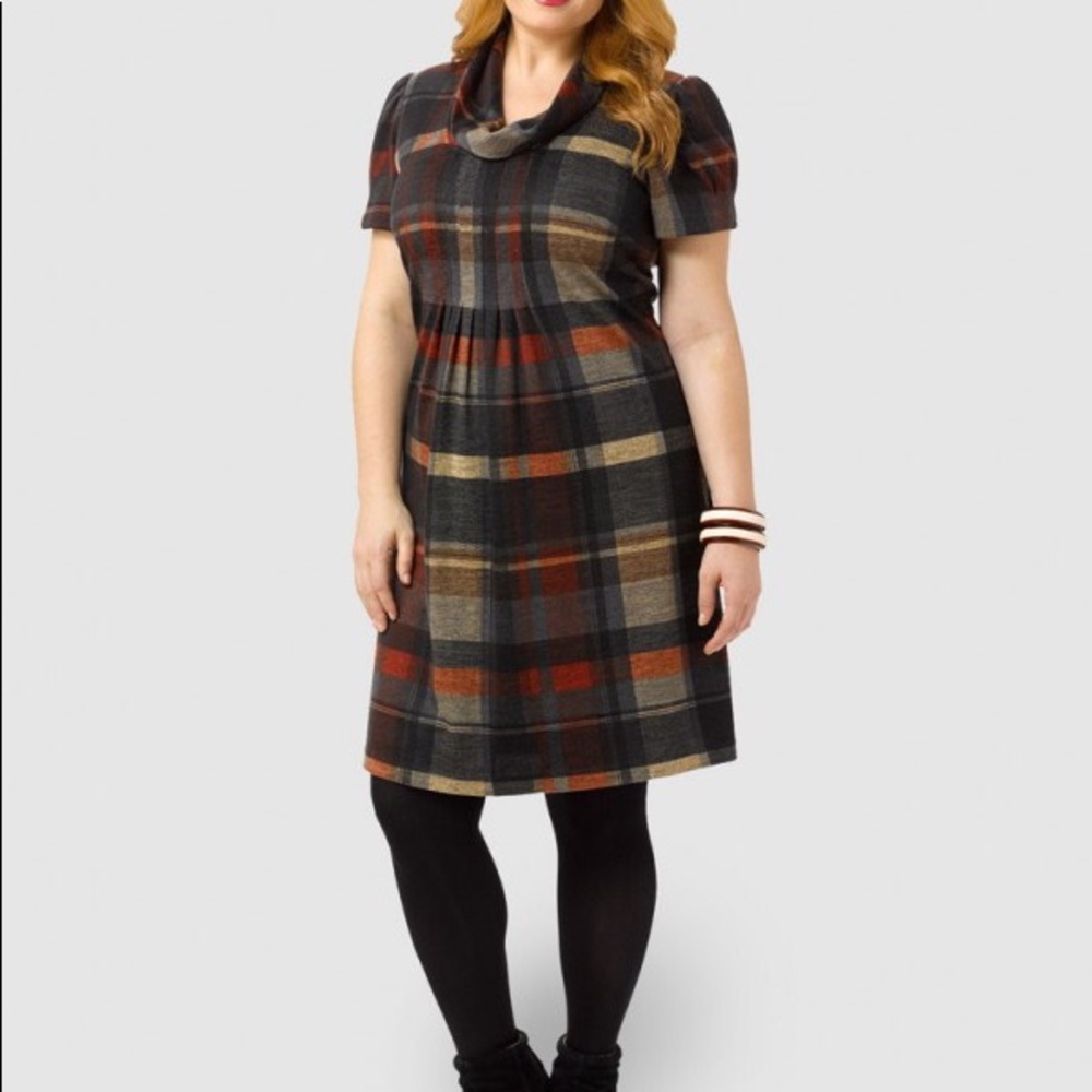 Jessica Howard plaid dress cowl neck 14W red tan